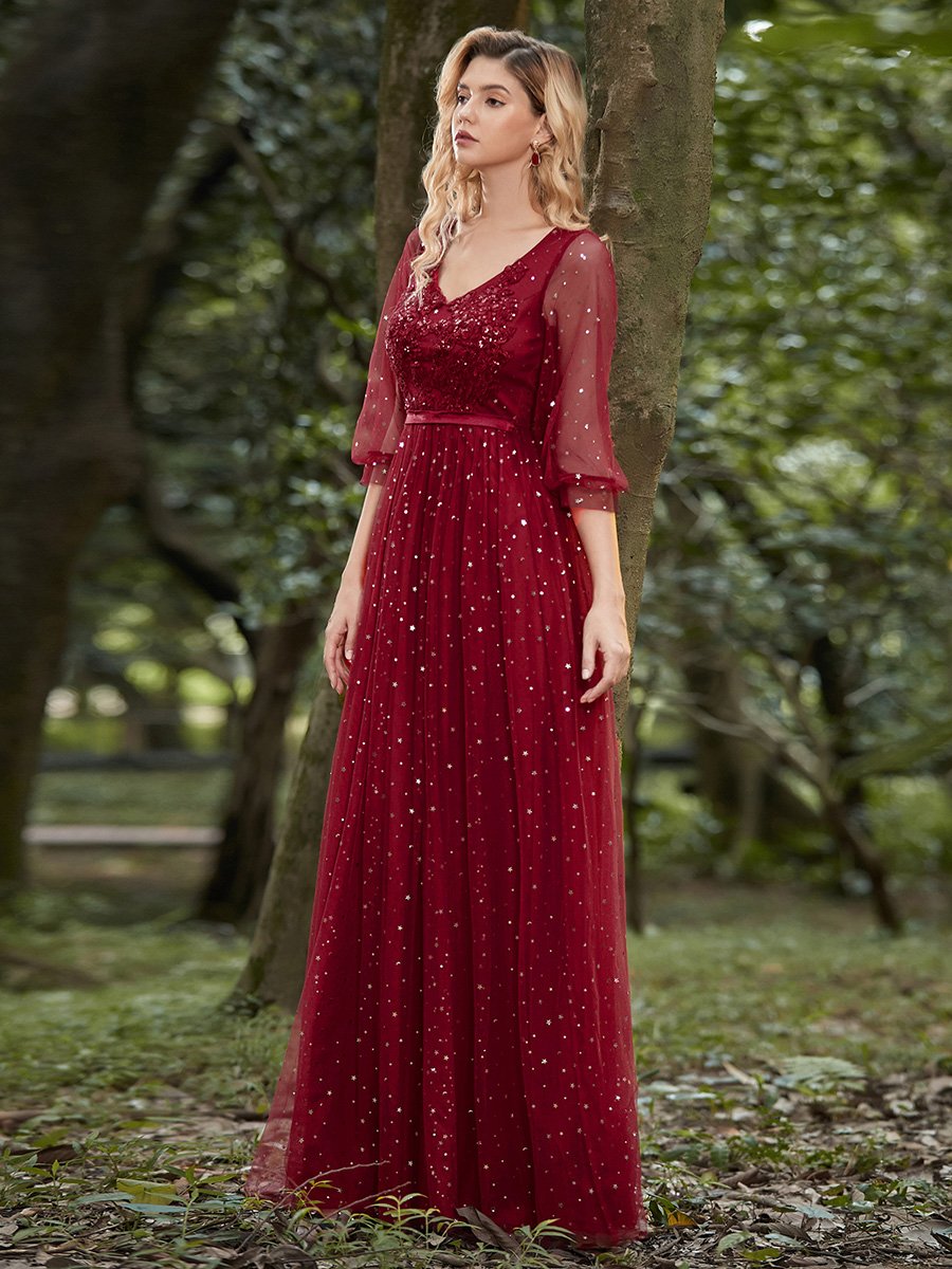 Fashion Maxi V Neck Tulle Wholesale Evening Dress with Shiny Dot