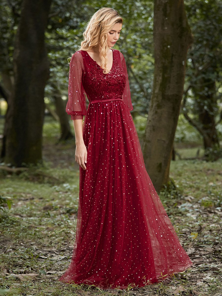 Fashion Maxi V Neck Tulle Wholesale Evening Dress with Shiny Dot