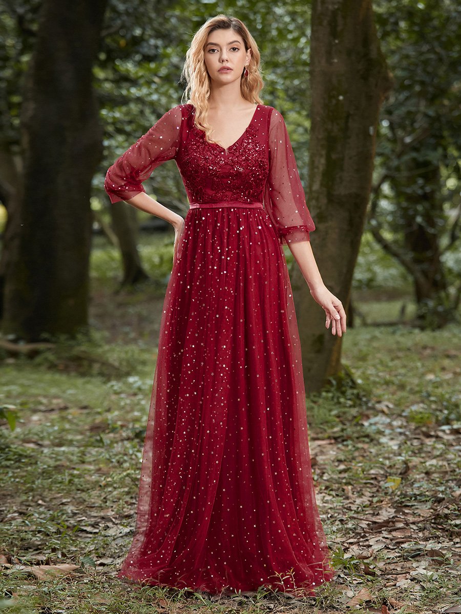 Fashion Maxi V Neck Tulle Wholesale Evening Dress with Shiny Dot