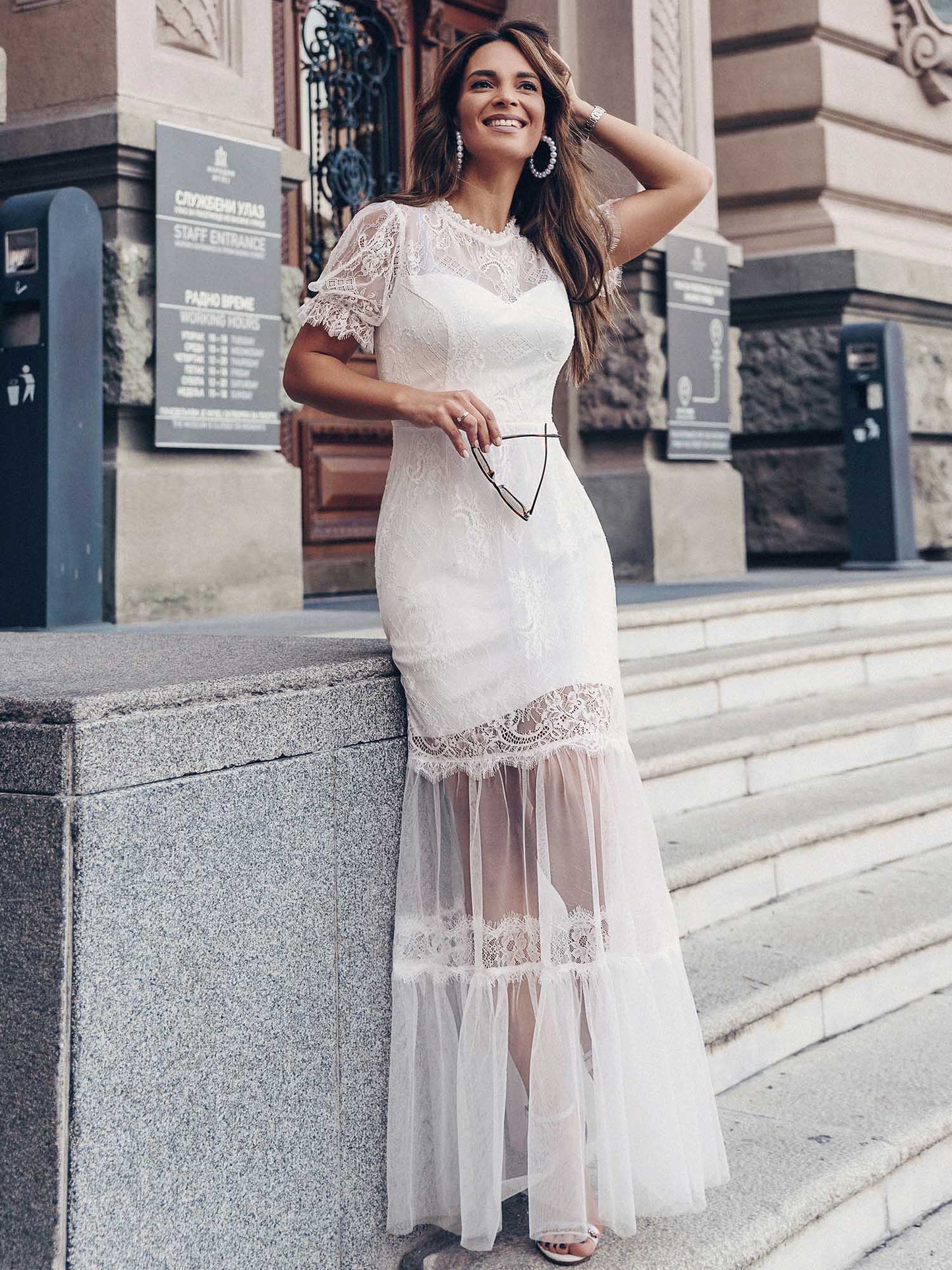Dainty A-Line Lace Wholesale Midi Casual Dress with Short Sleeves