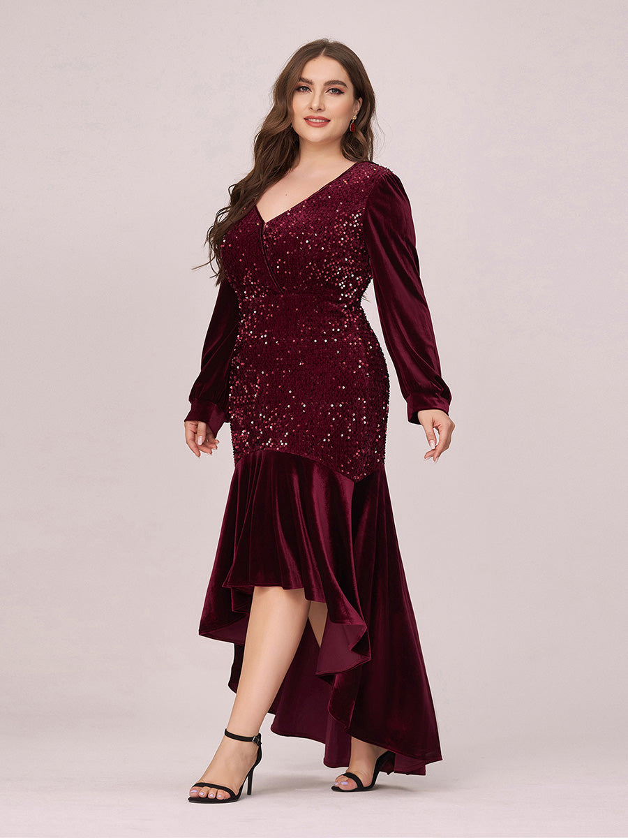 Elegant V Neck High-Low Plus Size Sequin & Velvet Party Dress