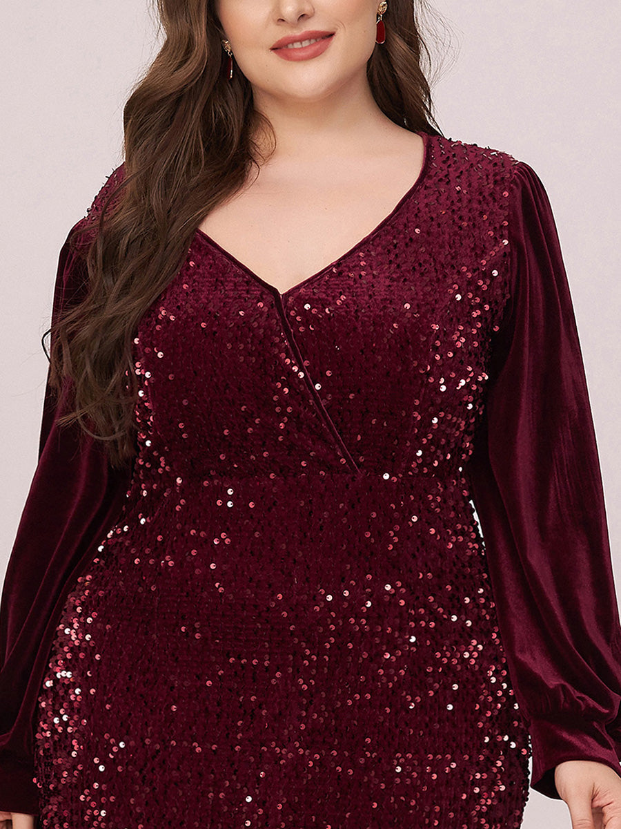 Elegant V Neck High-Low Plus Size Sequin & Velvet Party Dress