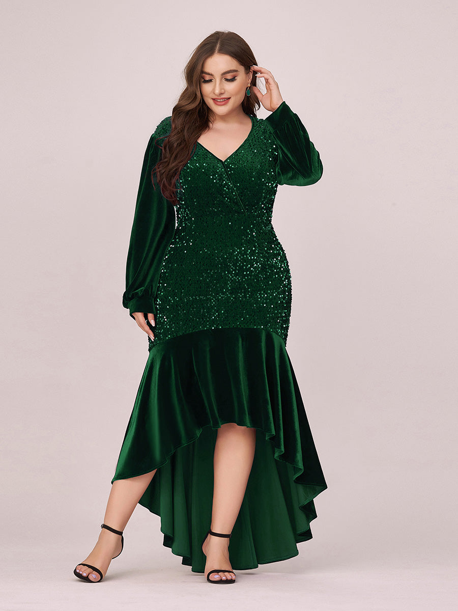 Color=Dark Green | Gorgeous V Neck Sequin & Velvet High-Low Plus Size Party Dress-Dark Green 1