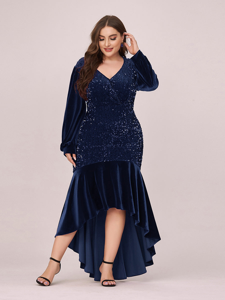 Elegant V Neck High-Low Plus Size Sequin & Velvet Party Dress