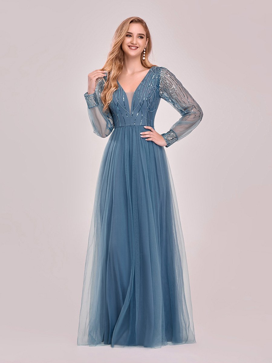 Sexy Deep V Neck Wholesale Sequin & Tulle Maxi Long Evening Dress