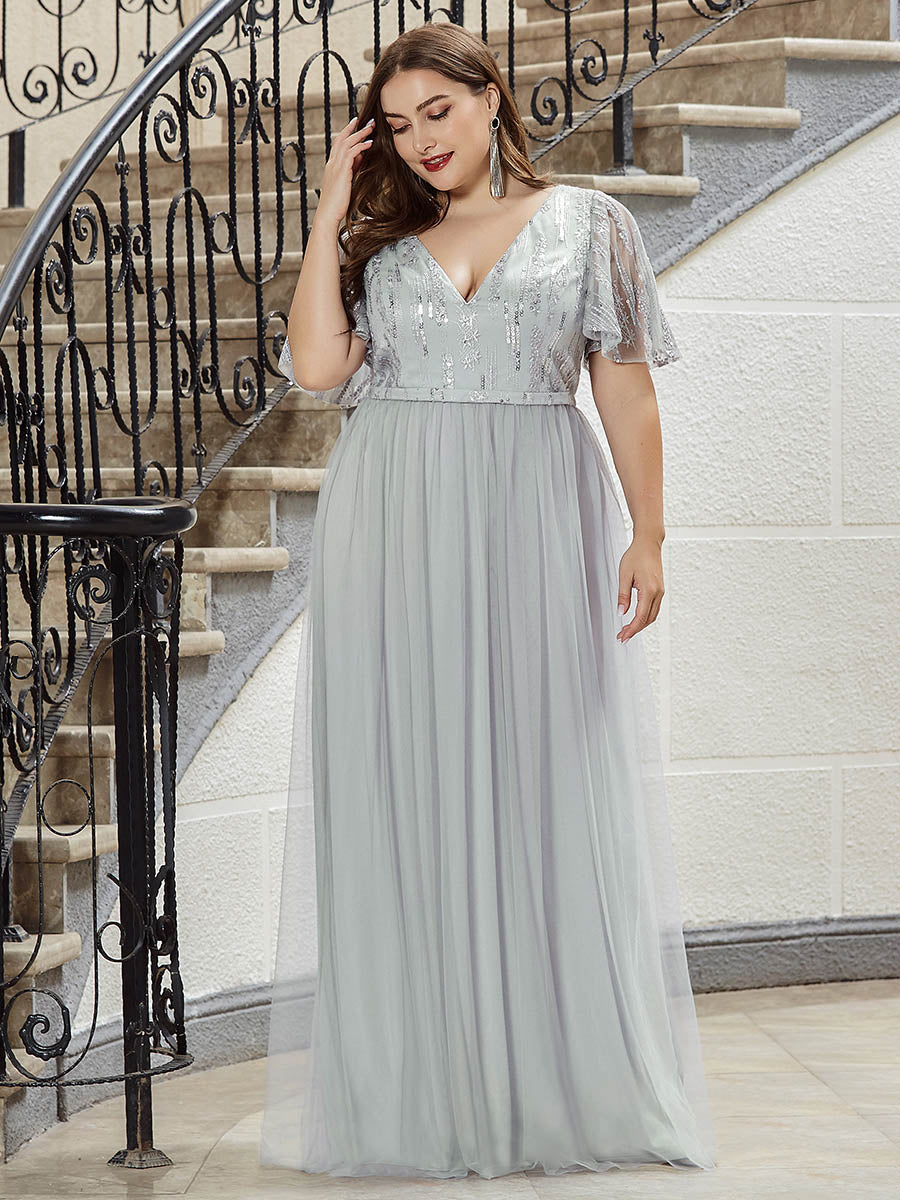 Elegant V Neck Short Sleeve A-Line Tulle Wholesale Evening Dresses