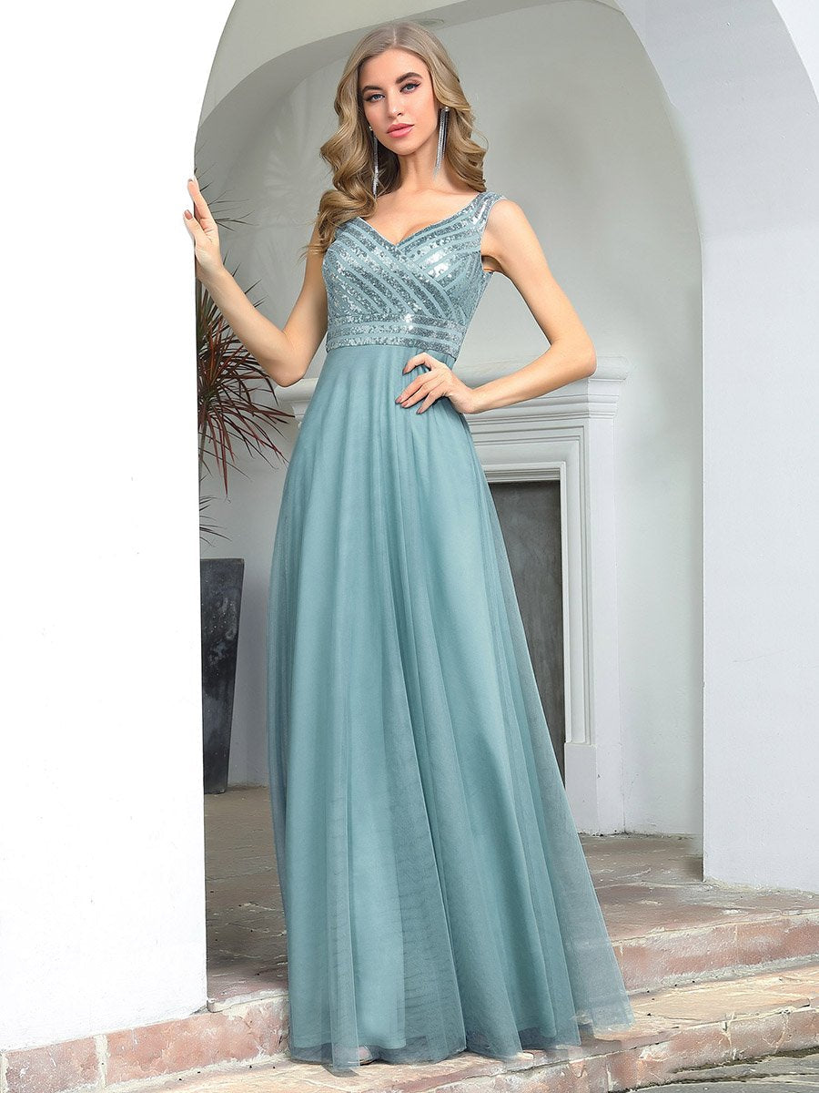 Color=Dusty blue | Elegant V Neck A-Line Wholesale Long Bridesmaid Dress For Women-Dusty Blue 1