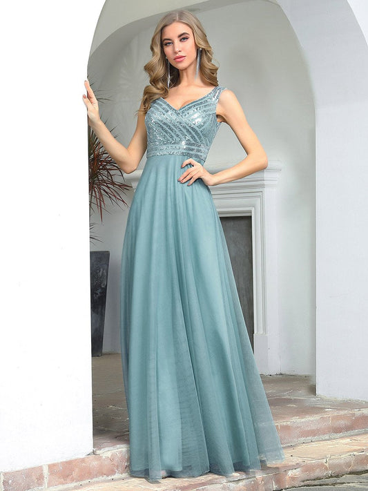 Color=Dusty blue | Elegant V Neck A-Line Wholesale Long Bridesmaid Dress For Women-Dusty Blue 1