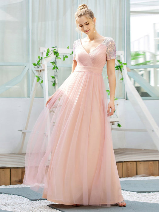 Color=Pink | Sweet V Neck A-Line Tulle Wholesale Bridesmaid Dress With Sequin-Pink 1
