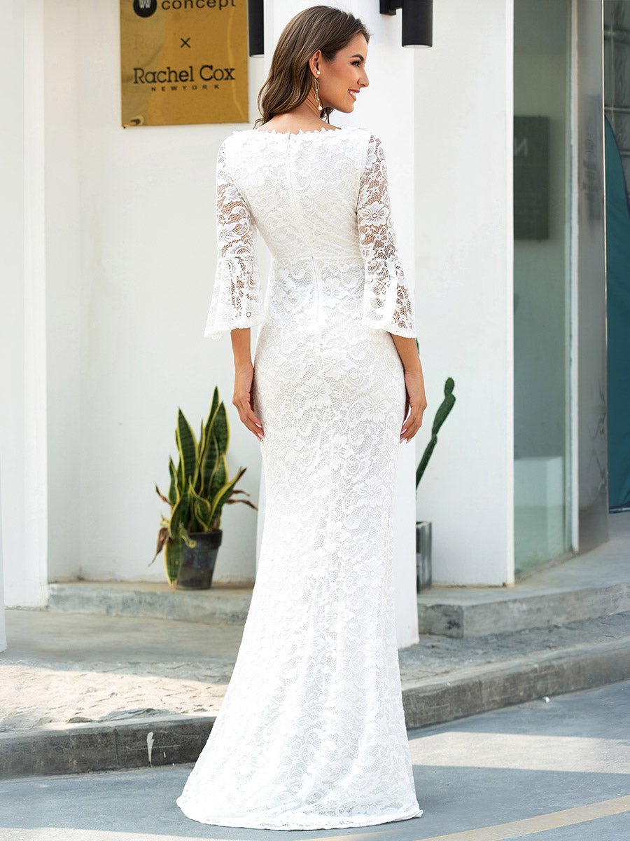 Women's V-Neck Floral Lace Side Split Wedding Dress Wholesale