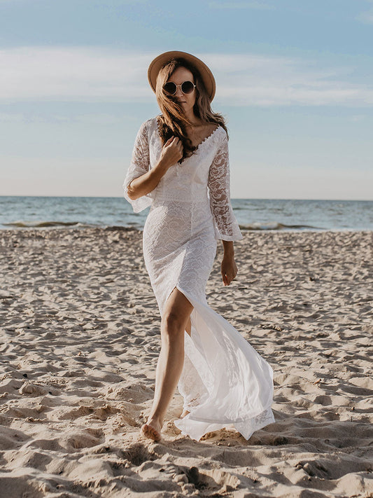 Color=Cream | Women'S V-Neck Floral Lace Side Split Wedding Dress With Long Sleeves-Cream 1