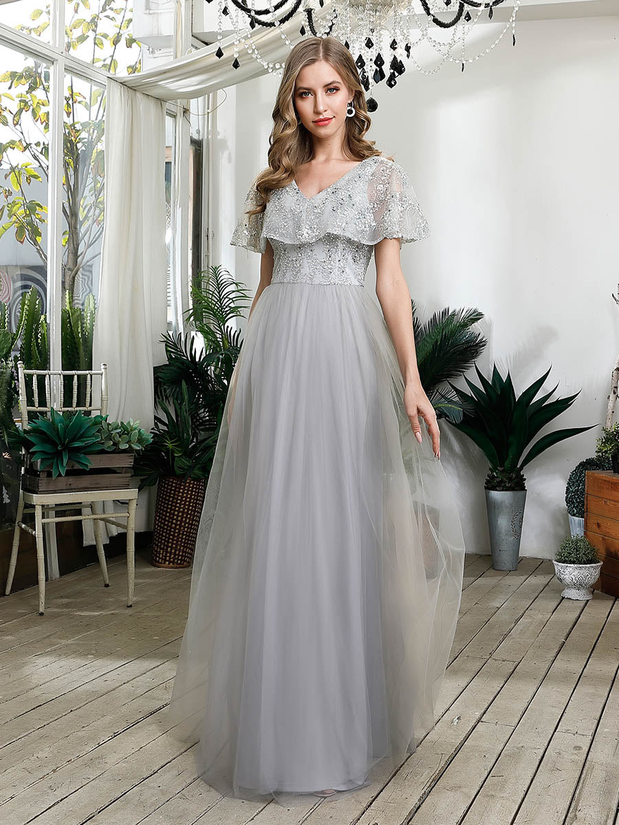 Color=Grey | V-Neck Ruffles Sequin Dress Wholesale Floor Length Prom Dresses-Grey 1