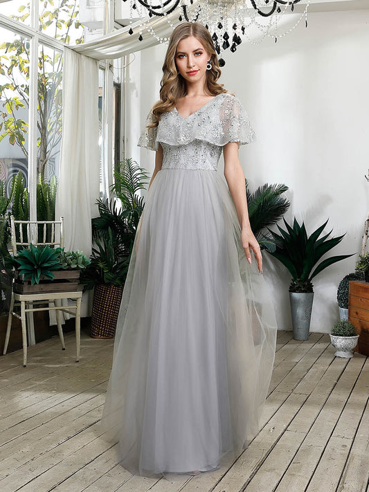 Color=Grey | V-Neck Ruffles Sequin Dress Wholesale Floor Length Prom Dresses-Grey 1