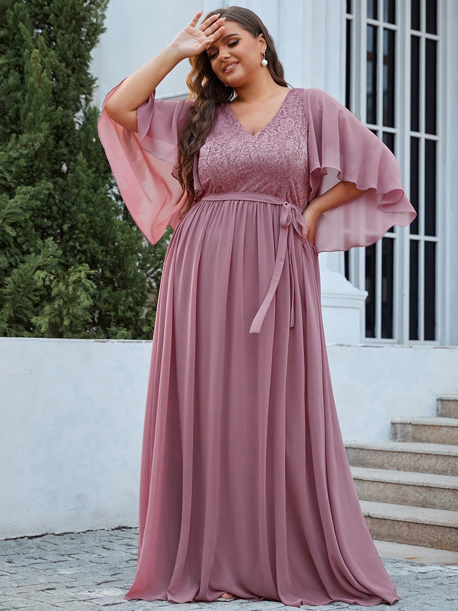 Color=Orchid | Women'S Wholesale Deep V Neck Plus Size Evening Dress With Lace-Orchid 1