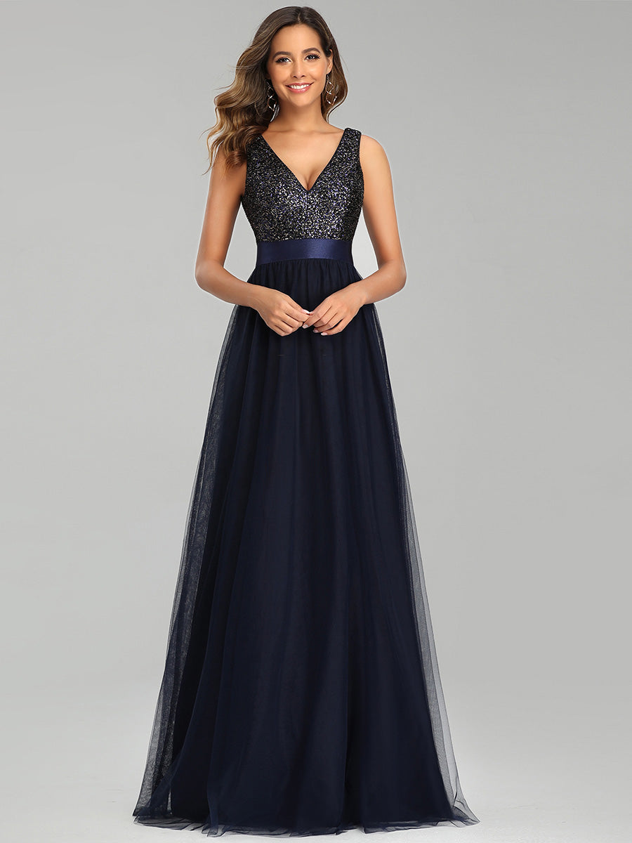 Double V Neck Floor Length Sequin and Tulle Wholesale Evening Dresses