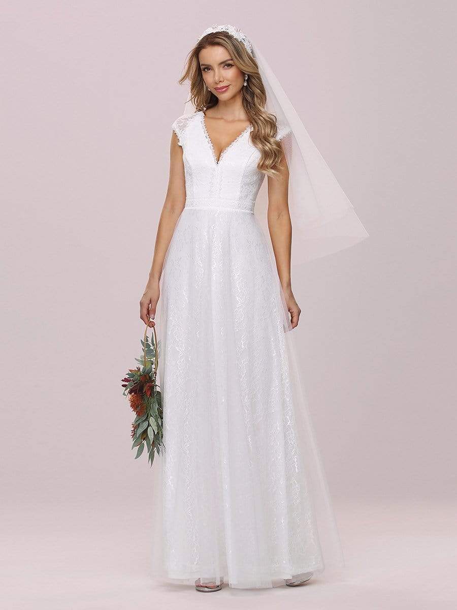 Simple V Neck Wholesale Lace Tulle Wedding Dress With Short Sleeves