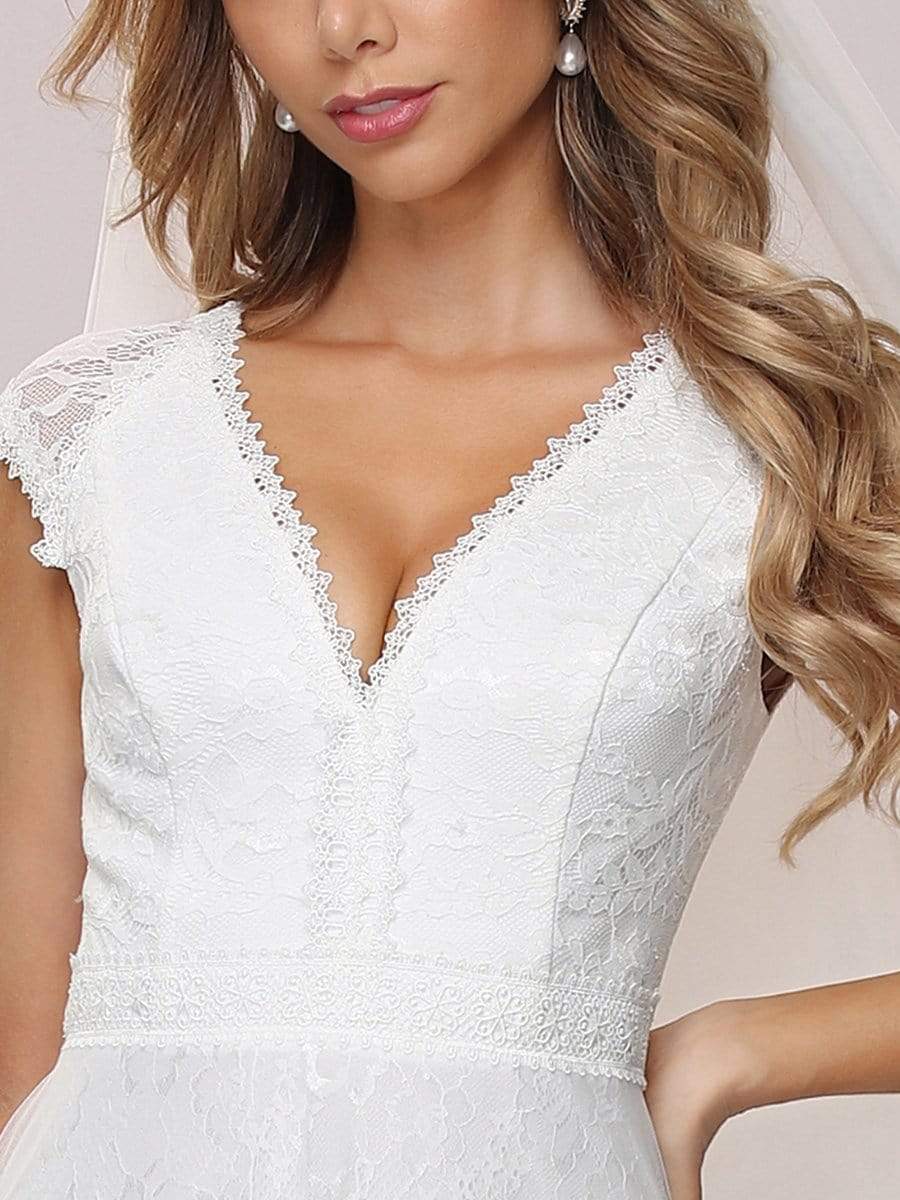 Simple V Neck Wholesale Lace Tulle Wedding Dress With Short Sleeves