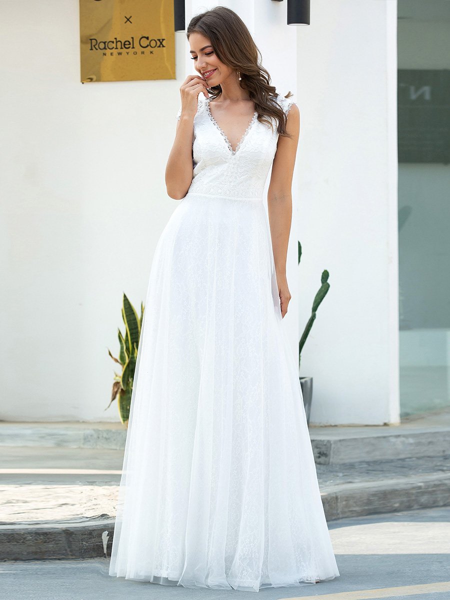 Romantic White V Neck Lace Tulle Wholesale Wedding Dresses