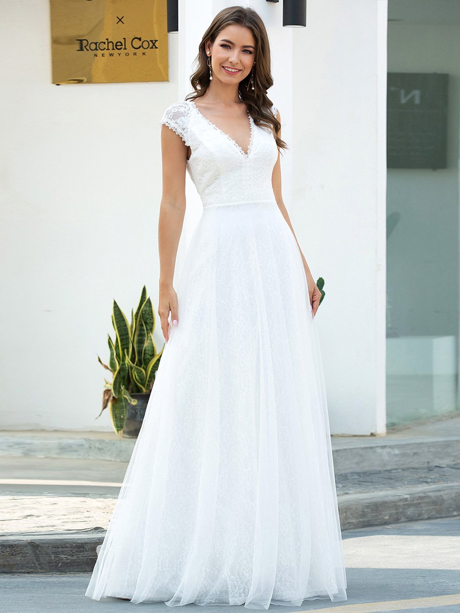 Romantic White V Neck Lace Tulle Wholesale Wedding Dresses