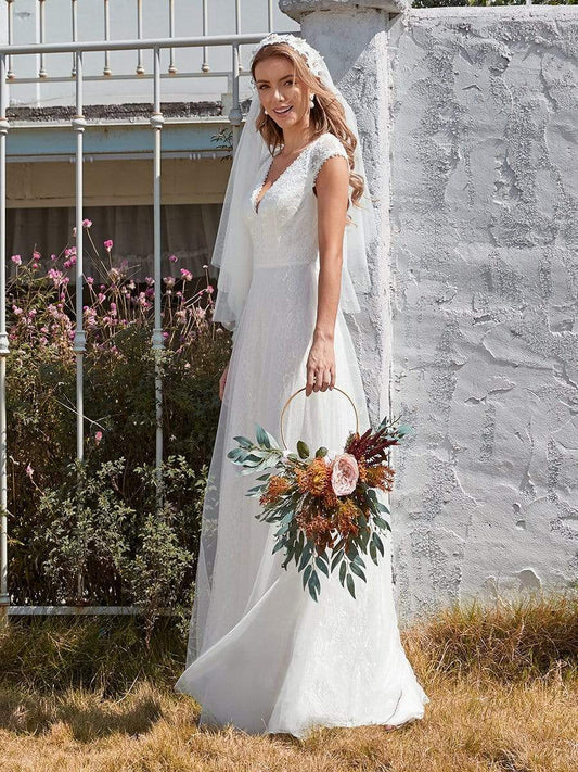 Color=Cream | Women'S Simple V Neck Tulle Wedding Dress With Lace-Cream 1