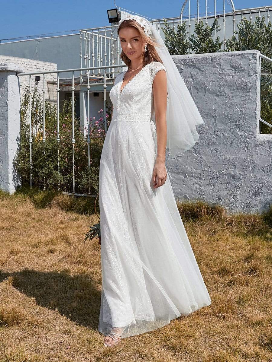 Simple V Neck Wholesale Lace Tulle Wedding Dress With Short Sleeves