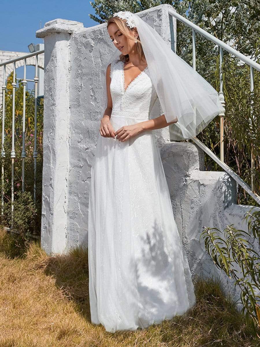 Simple V Neck Wholesale Lace Tulle Wedding Dress With Short Sleeves