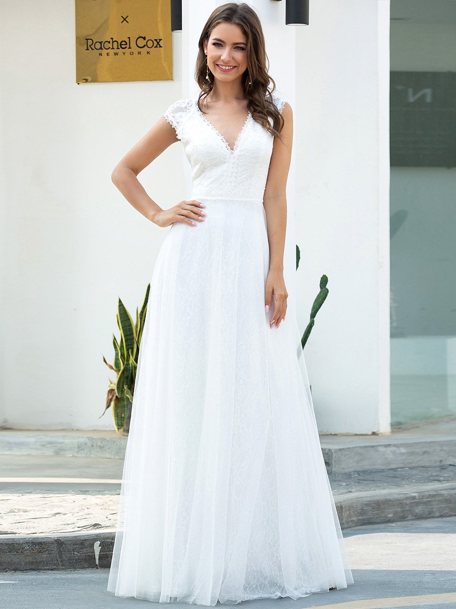 Color=Cream | Romantic White V Neck A-Line Tulle Wedding Dresses With Floral Lace-Cream 1