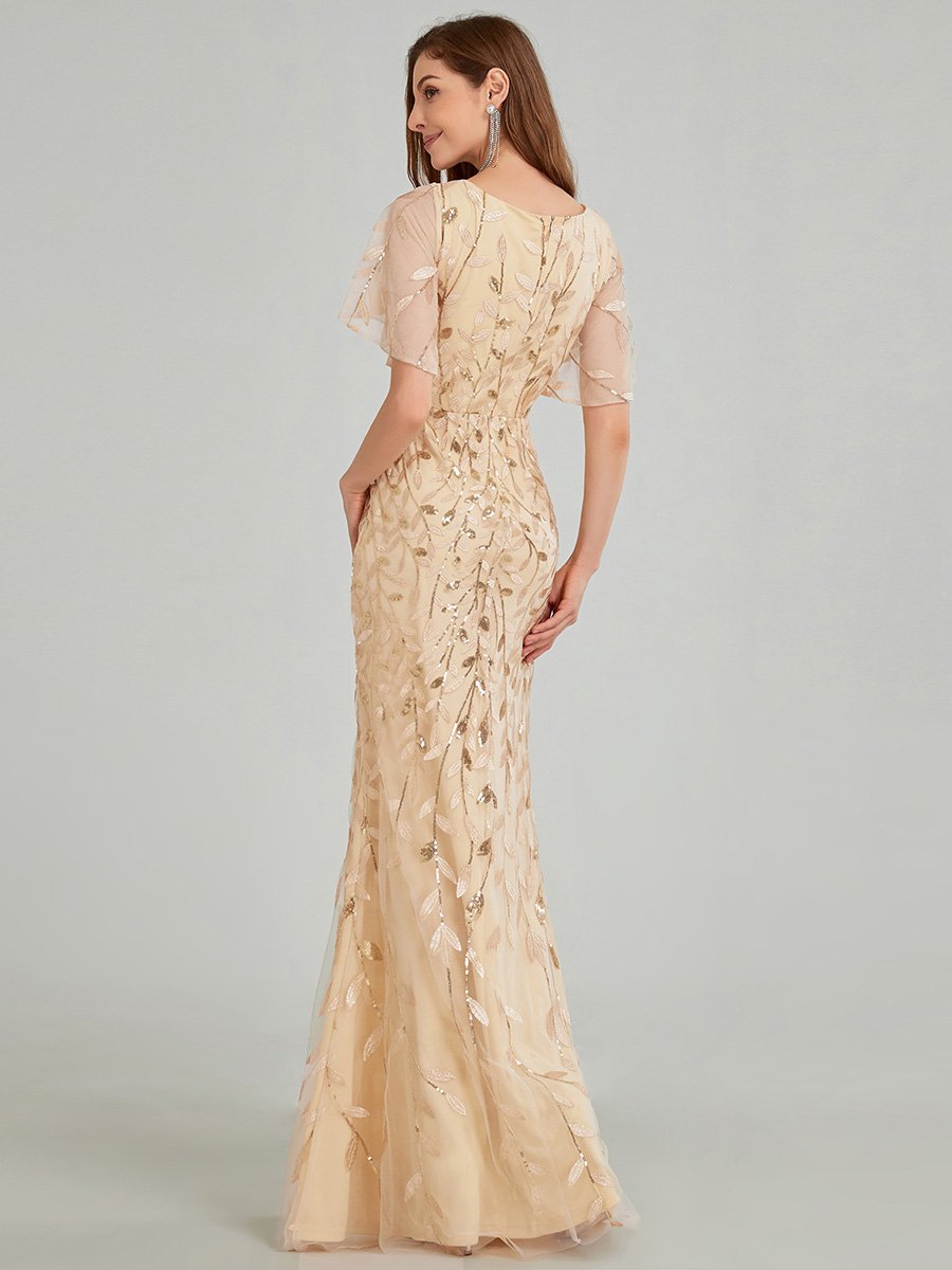 Gorgeous V Neck Leaf-Sequined Fishtail Wholesale Party Dress