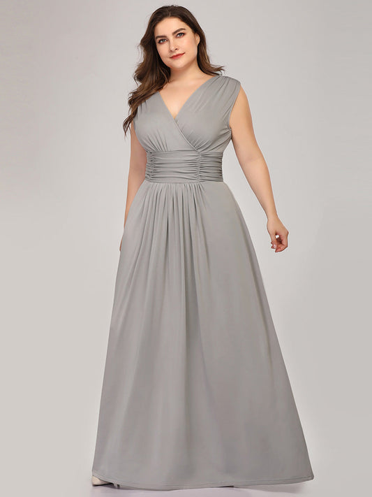 Color=Grey | Plus Size Women'S Fashion Double V-Neck Bridesmaid Dresses Ep00706-Grey 1
