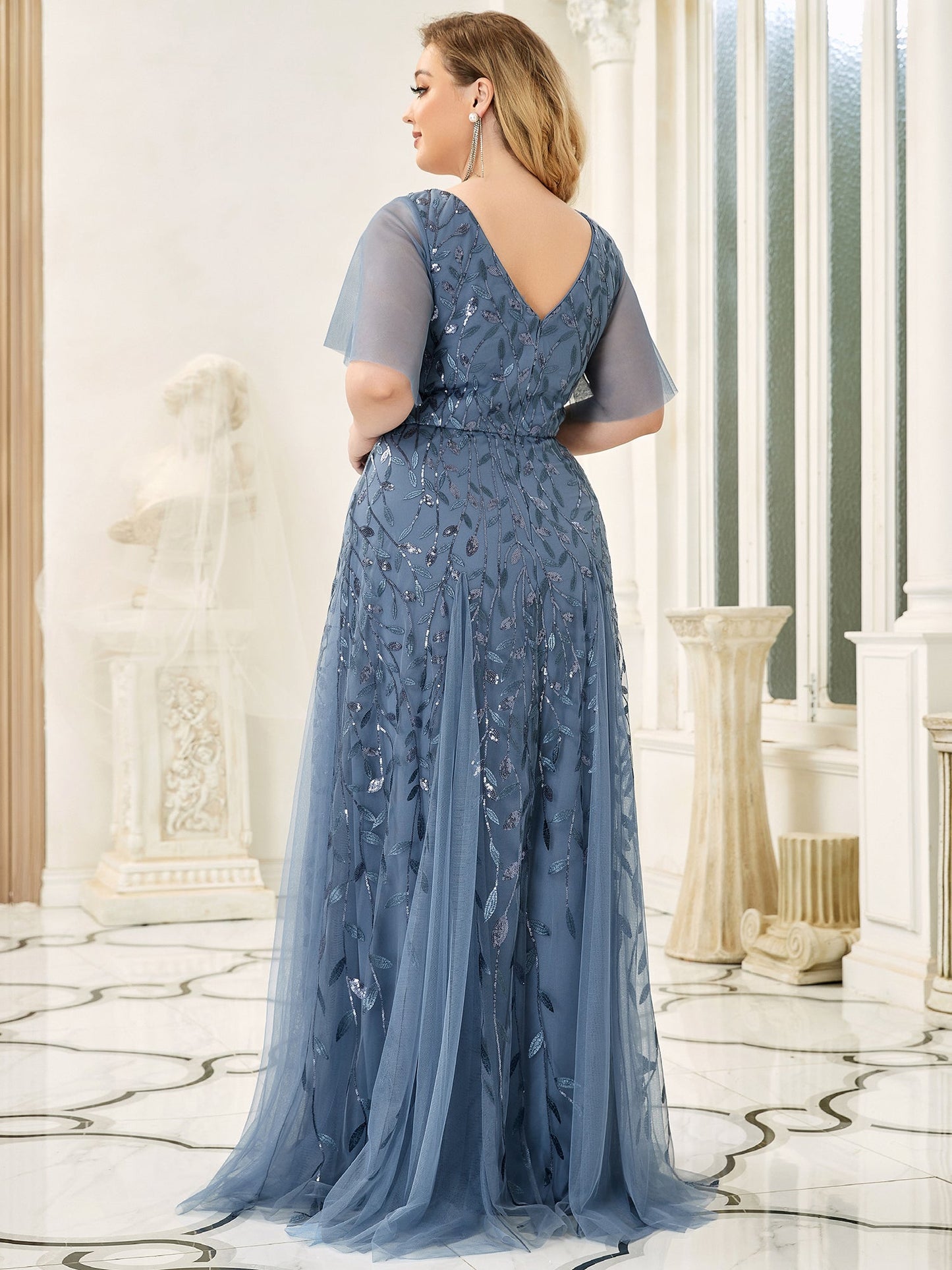 Plus Size Deep V Neck Wholesale Sequin Evening Gown With Short Sleeves