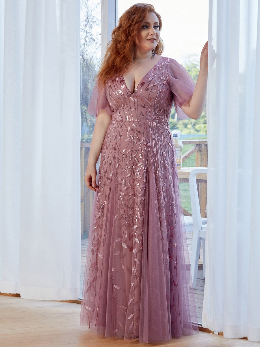 Plus Size Deep V Neck Wholesale Sequin Evening Gown With Short Sleeves