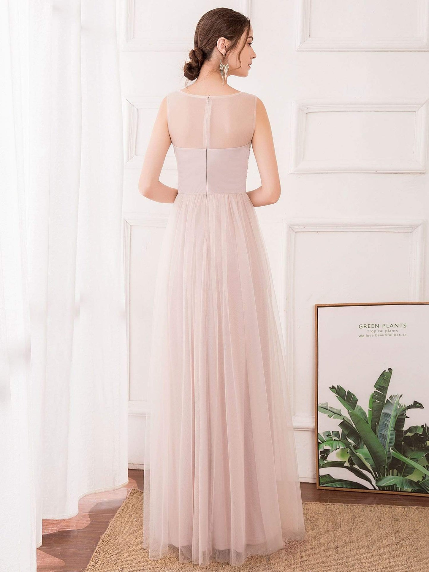 Romantic A-Line O-Neck Embroidery Tulle Bridesmaid Dress EP00740