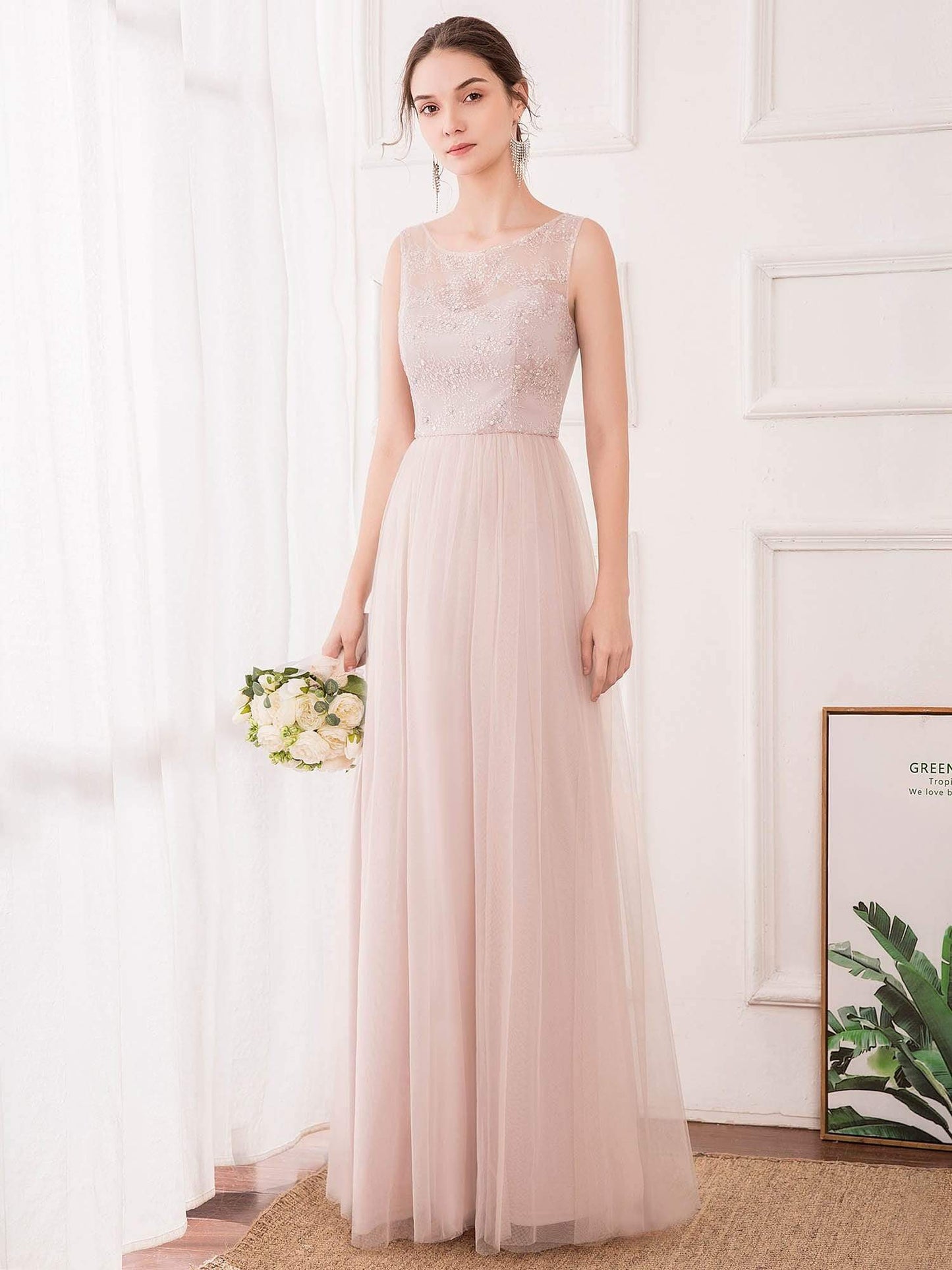 Romantic A-Line O-Neck Embroidery Tulle Bridesmaid Dress EP00740
