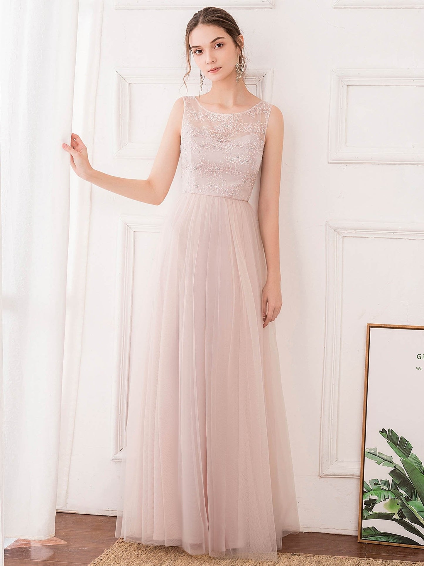 Color=Pink | Romantic A-Line O-Neck Embroidery Tulle Bridesmaid Dress Ep00740-Pink 1