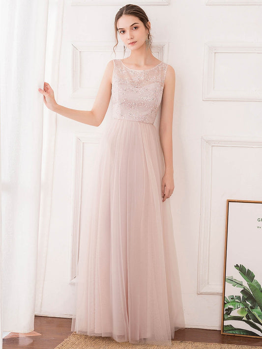 Color=Pink | Romantic A-Line O-Neck Embroidery Tulle Bridesmaid Dress Ep00740-Pink 1