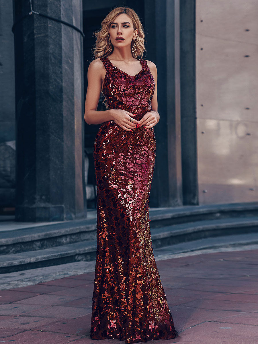 Sexy Deep V Neck Mermaid Evening Dress with Sequin
