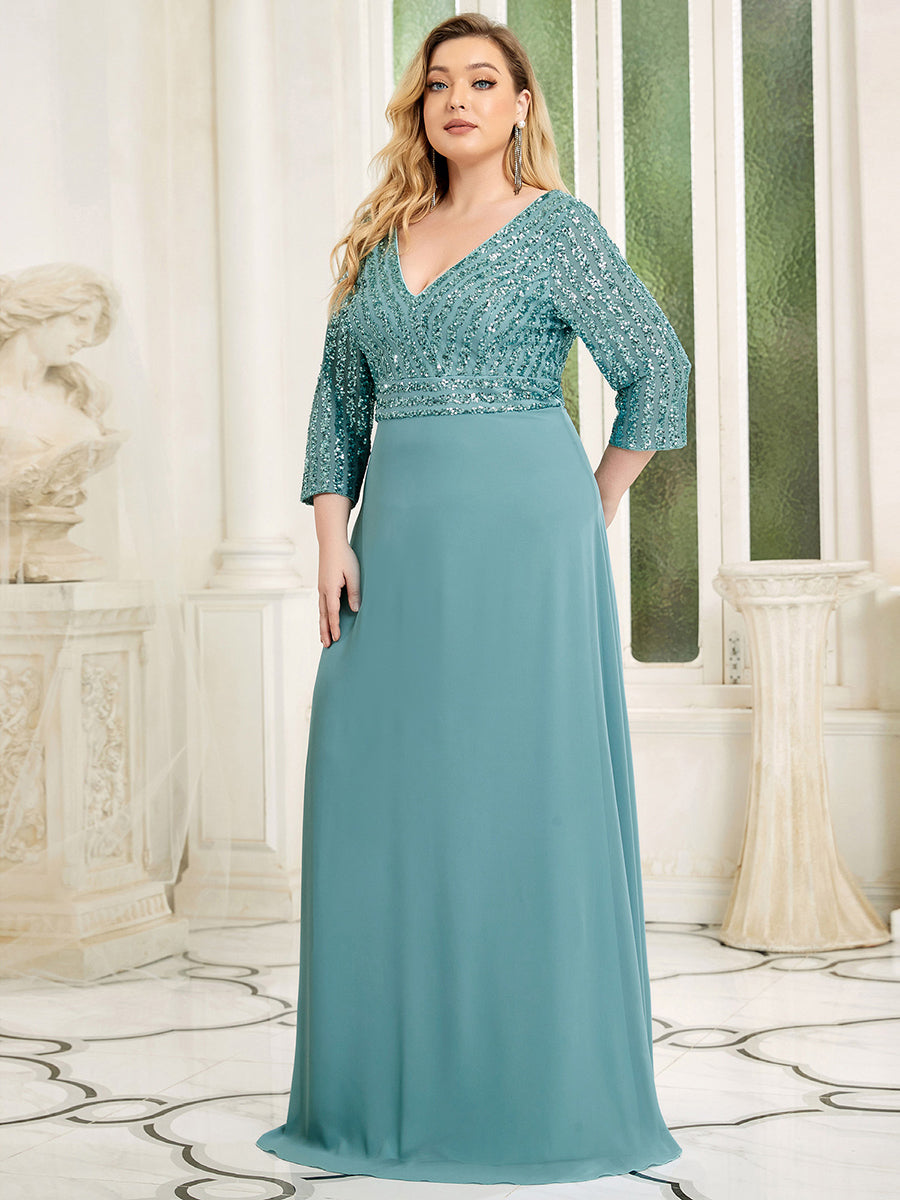 Color=Dusty blue | Sexy V Neck A-Line Pretty Sequin Evening Dress-Dusty blue 1