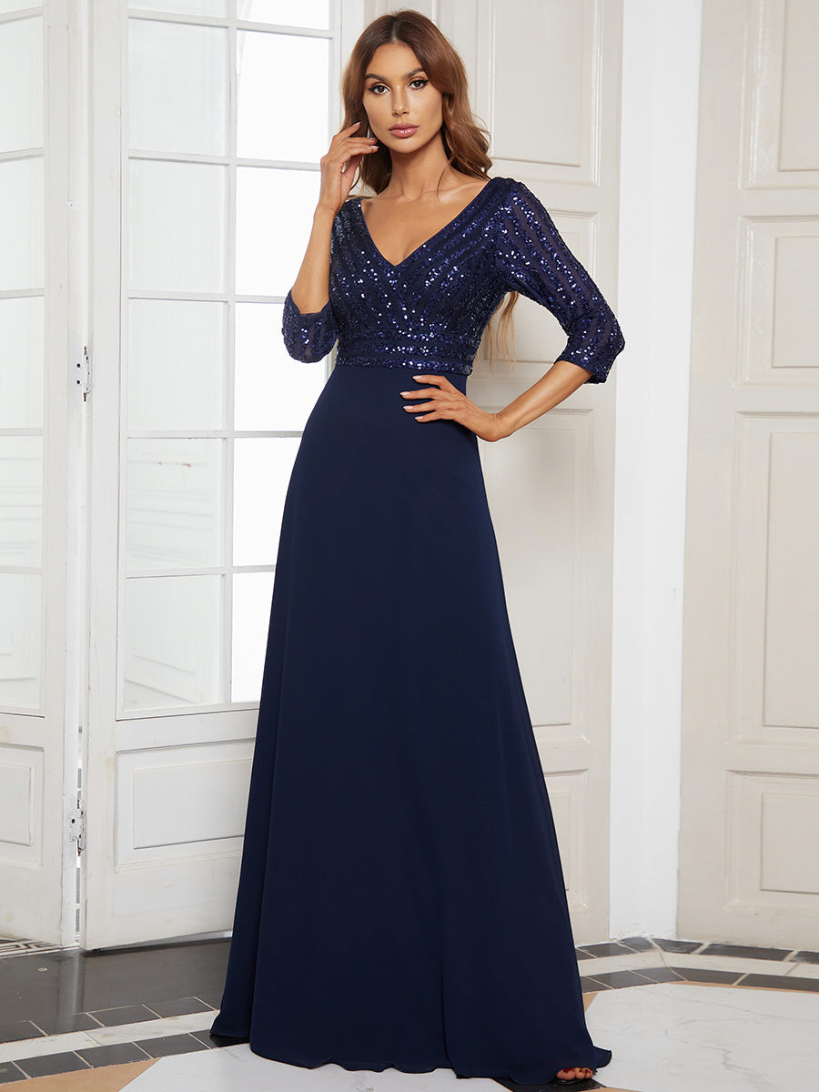 Color=Navy Blue | Sexy V Neck A-Line Sequin Evening Dress-Navy Blue 1