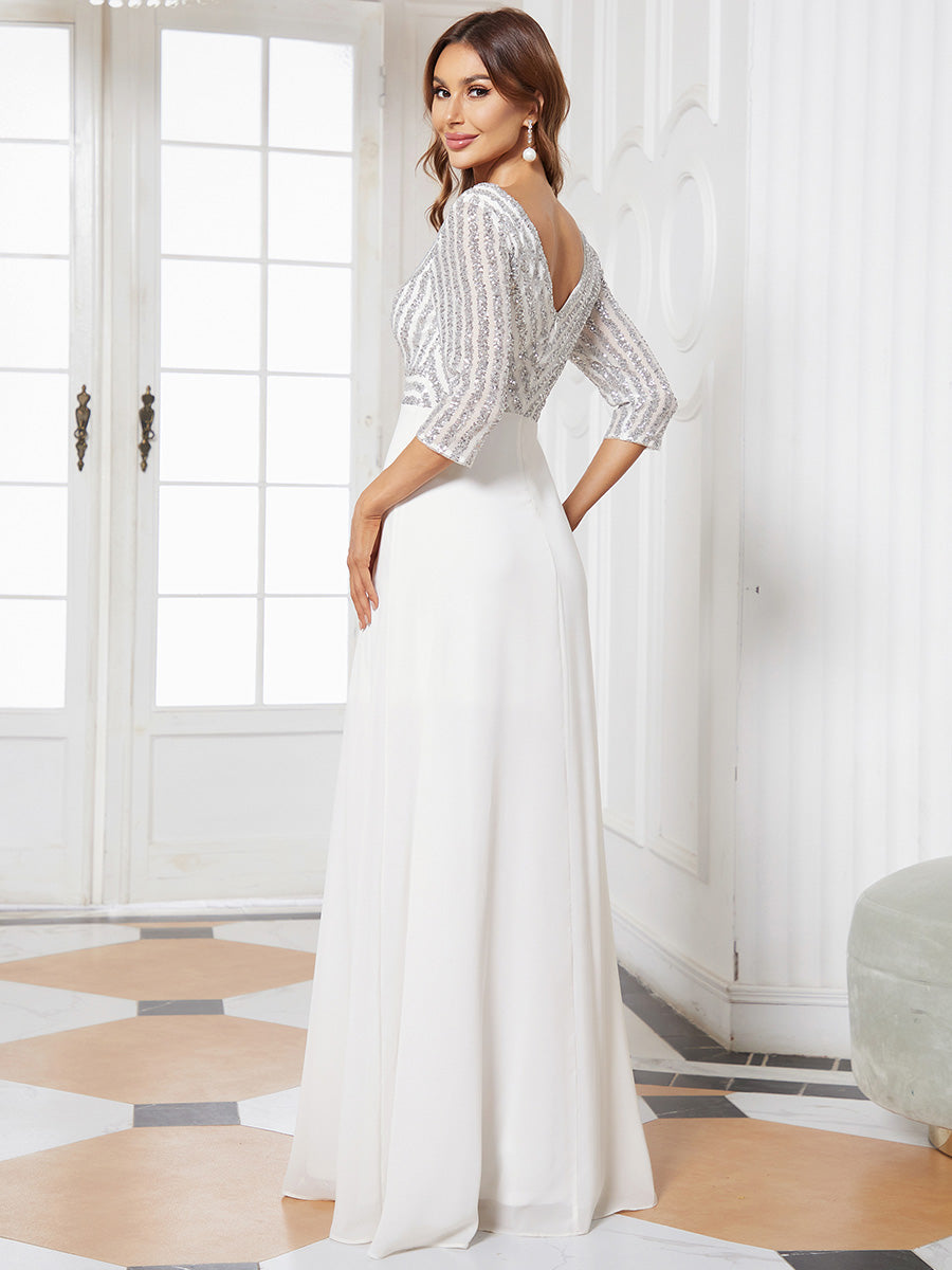 Sexy V Neck A-Line Sequin Wholesale Evening Dresses With 3/4 Sleeve