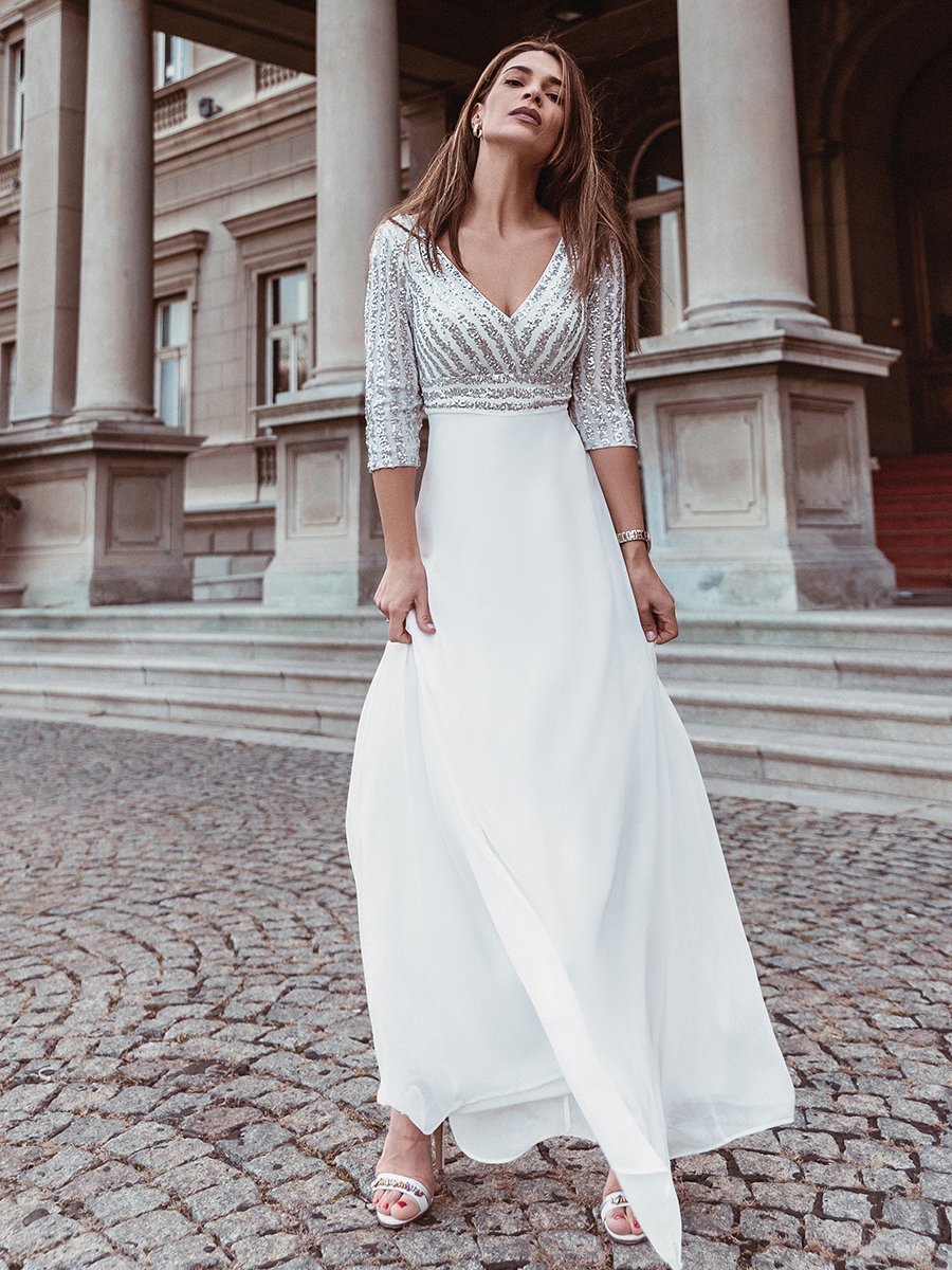 Sexy V Neck A-Line Sequin Wholesale Evening Dresses With 3/4 Sleeve