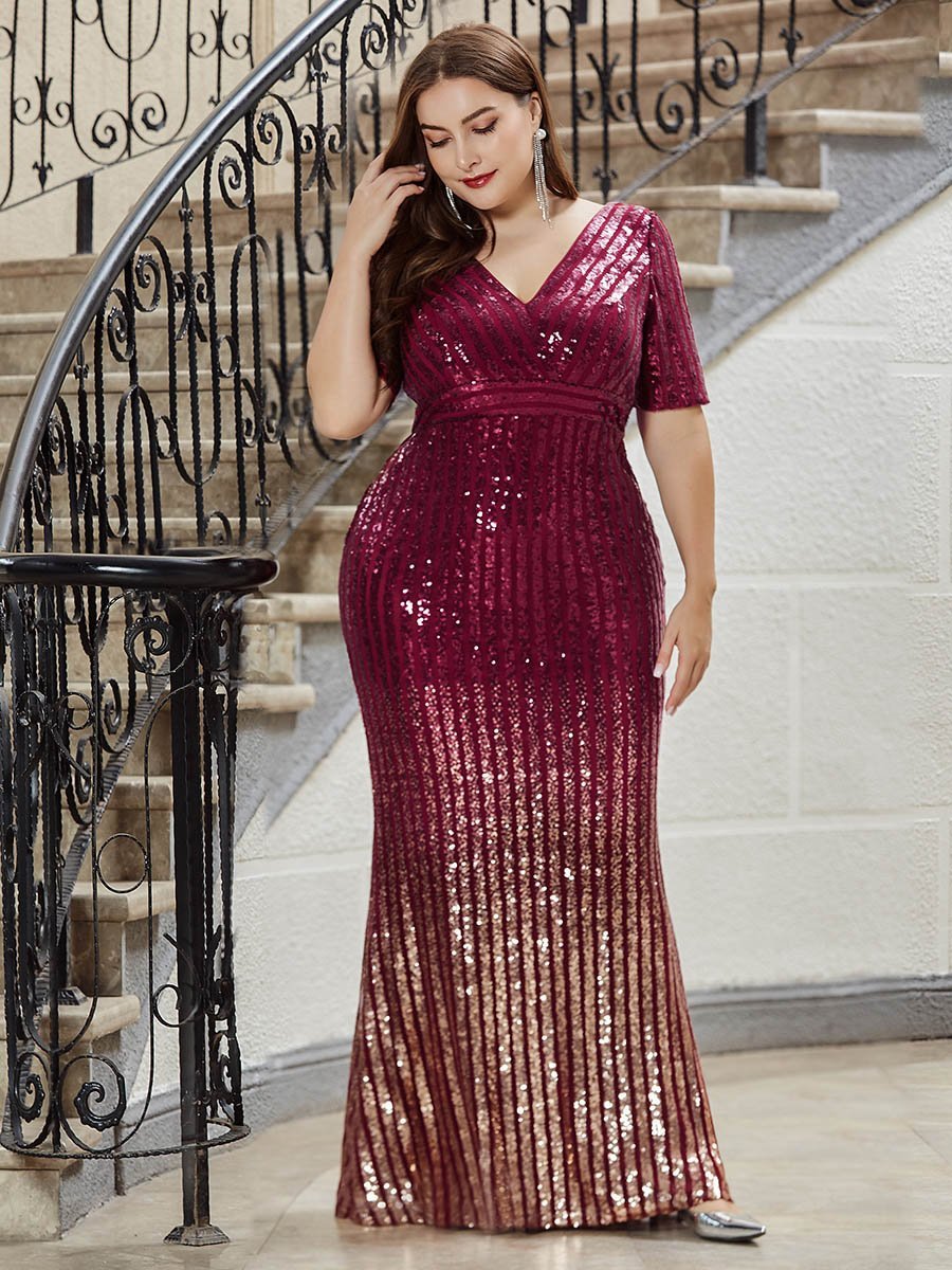 Women's Wholesale V Neck Plus Size Mermaid Sequin Evening Dress