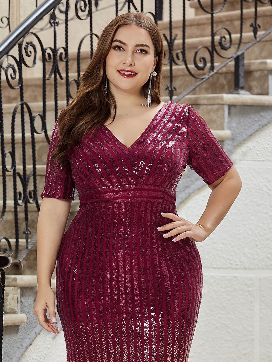 Women's Wholesale V Neck Plus Size Mermaid Sequin Evening Dress