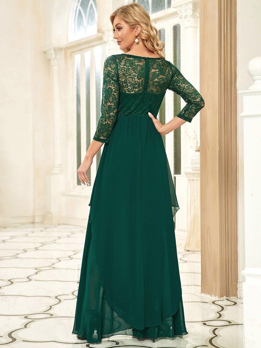 Round Neck Wholesale Chiffon Bridesmaid Dress With Long Lace Sleeves