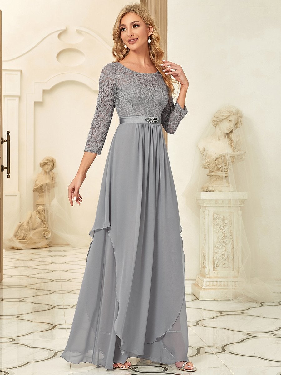 Color=Grey | Classic Floal Lace Long Sleeve Wholesale Bridesmaid Dress-Grey 1