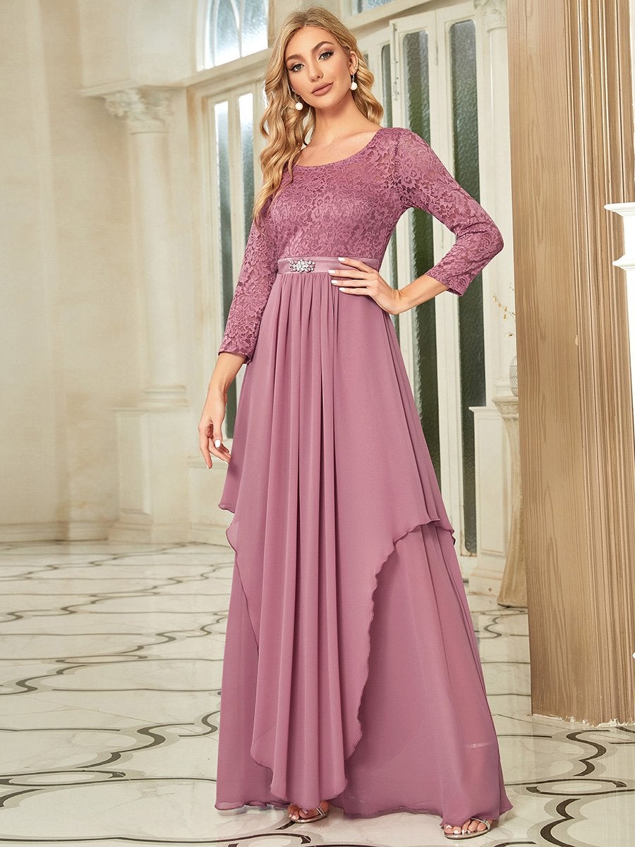 Color=Orchid | Classic Floal Lace Long Sleeve Wholesale Bridesmaid Dress-Orchid 1