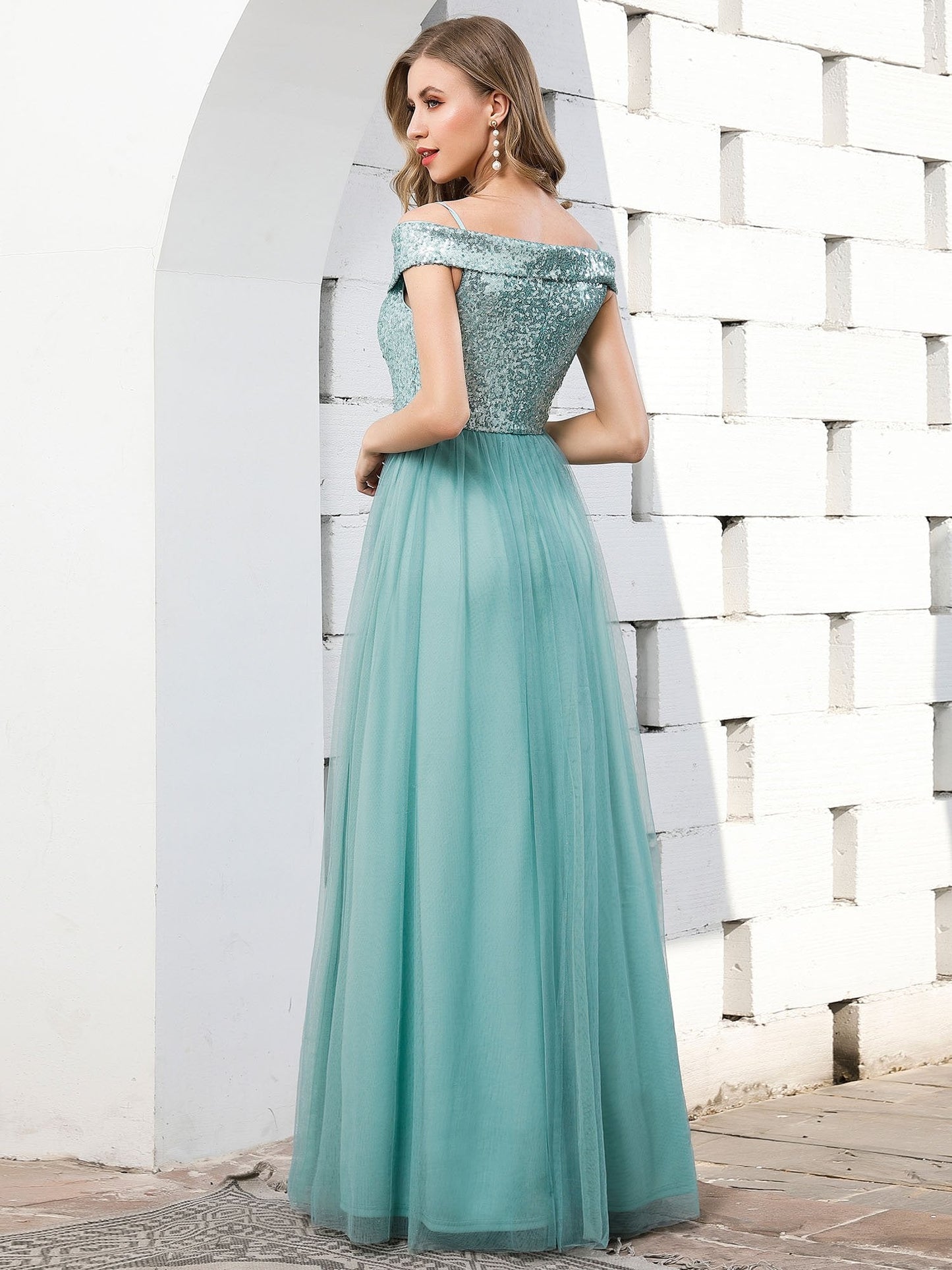 Wholesale Romantic Off Shoulder Tulle and Sequin Bridesmaid Dress