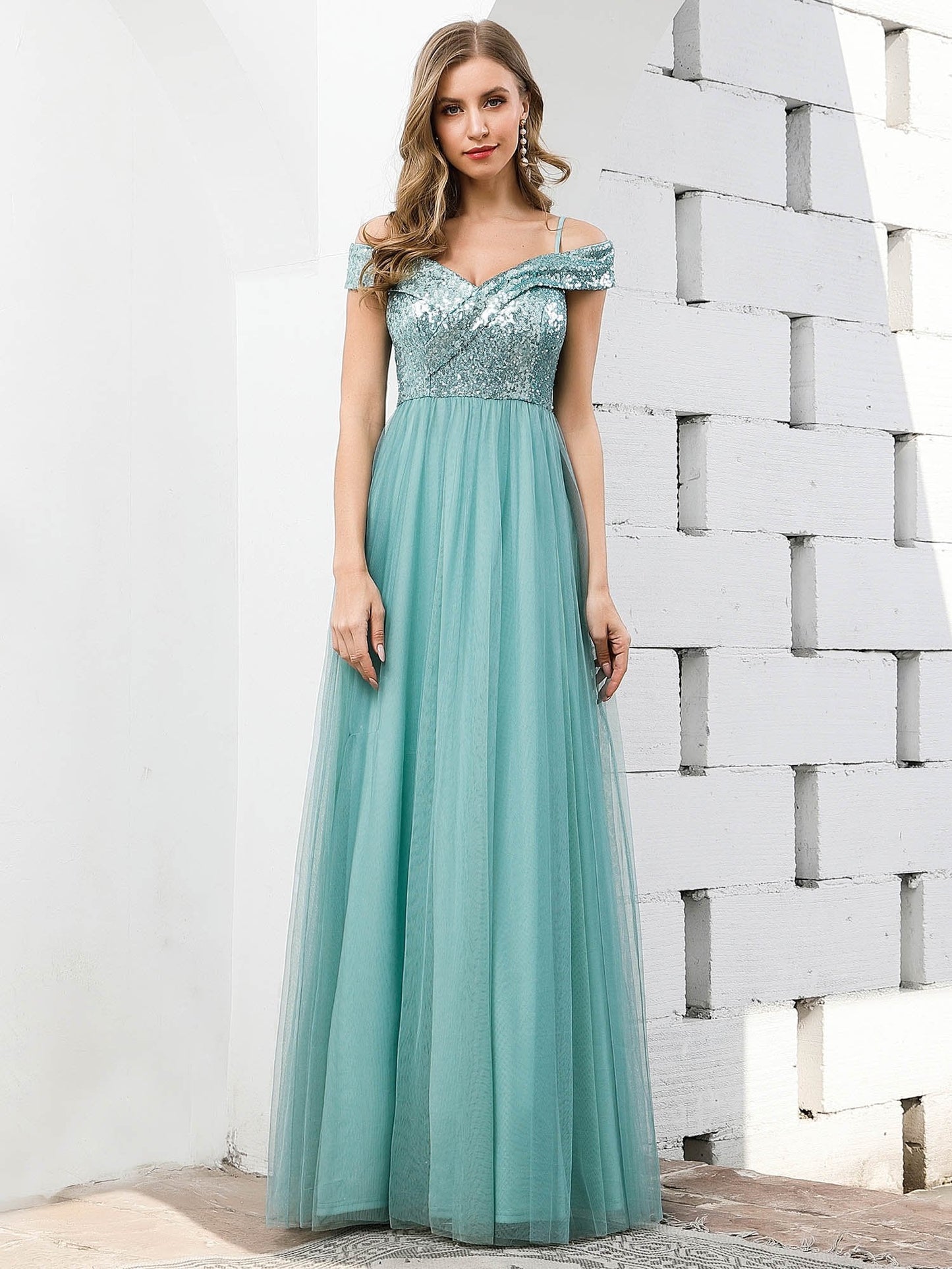 Color=Dusty blue | Rommantic Women'S A-Line Off Shoulder Sequins Evening Dress Bridesmaid Dress Ep00784-Dusty Blue 4