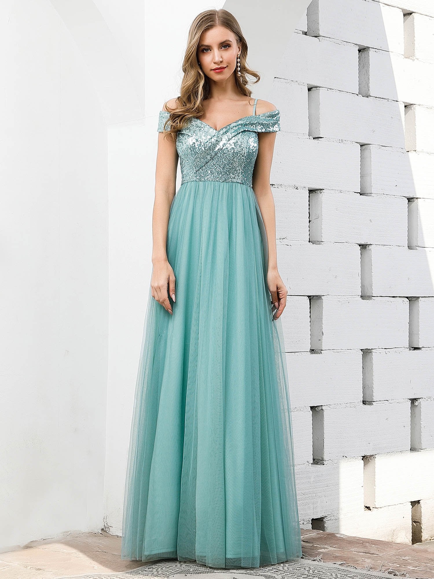 Color=Dusty blue | Rommantic Women'S A-Line Off Shoulder Sequins Evening Dress Bridesmaid Dress Ep00784-Dusty Blue 4
