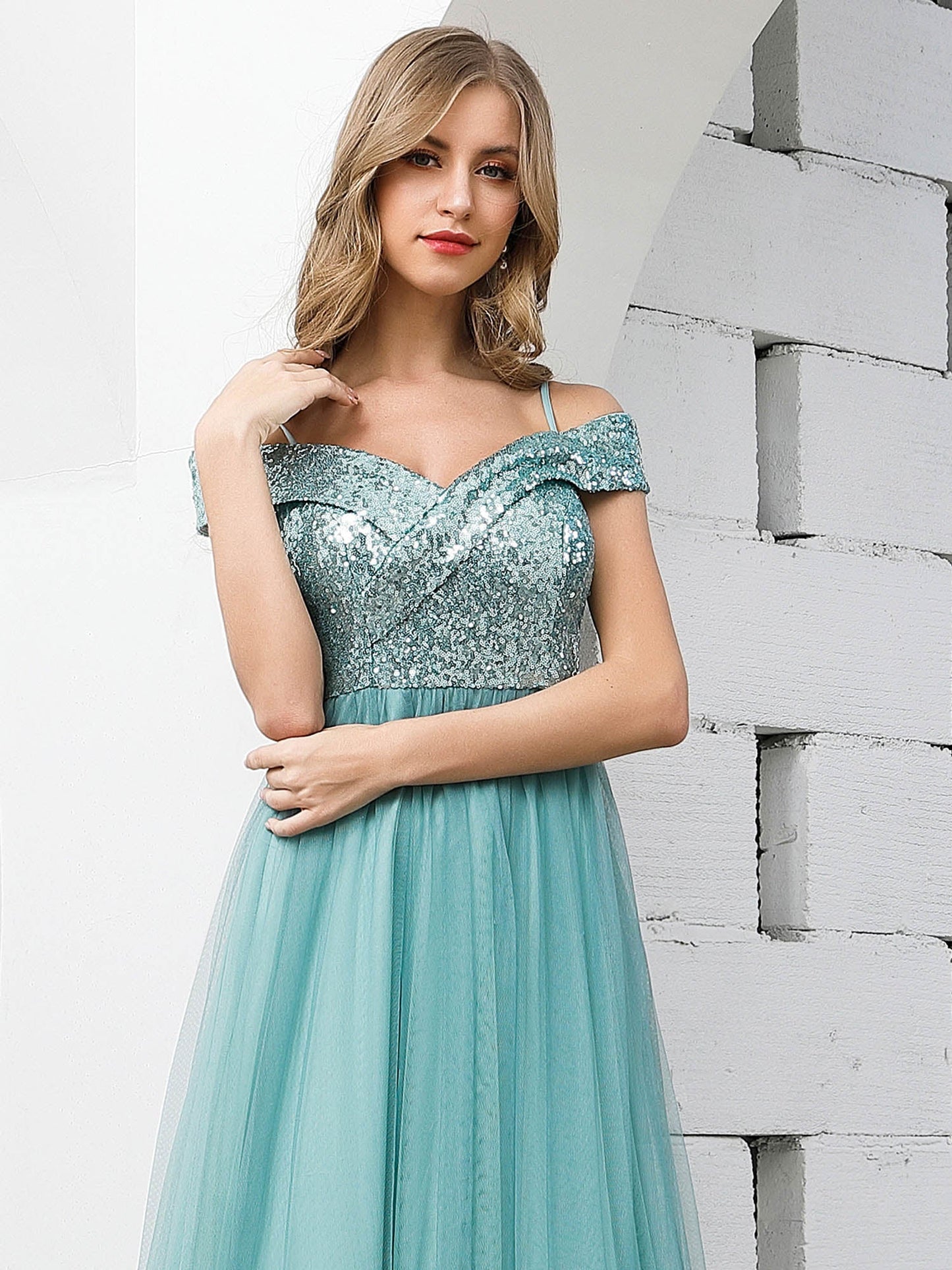 Wholesale Romantic Off Shoulder Tulle and Sequin Bridesmaid Dress