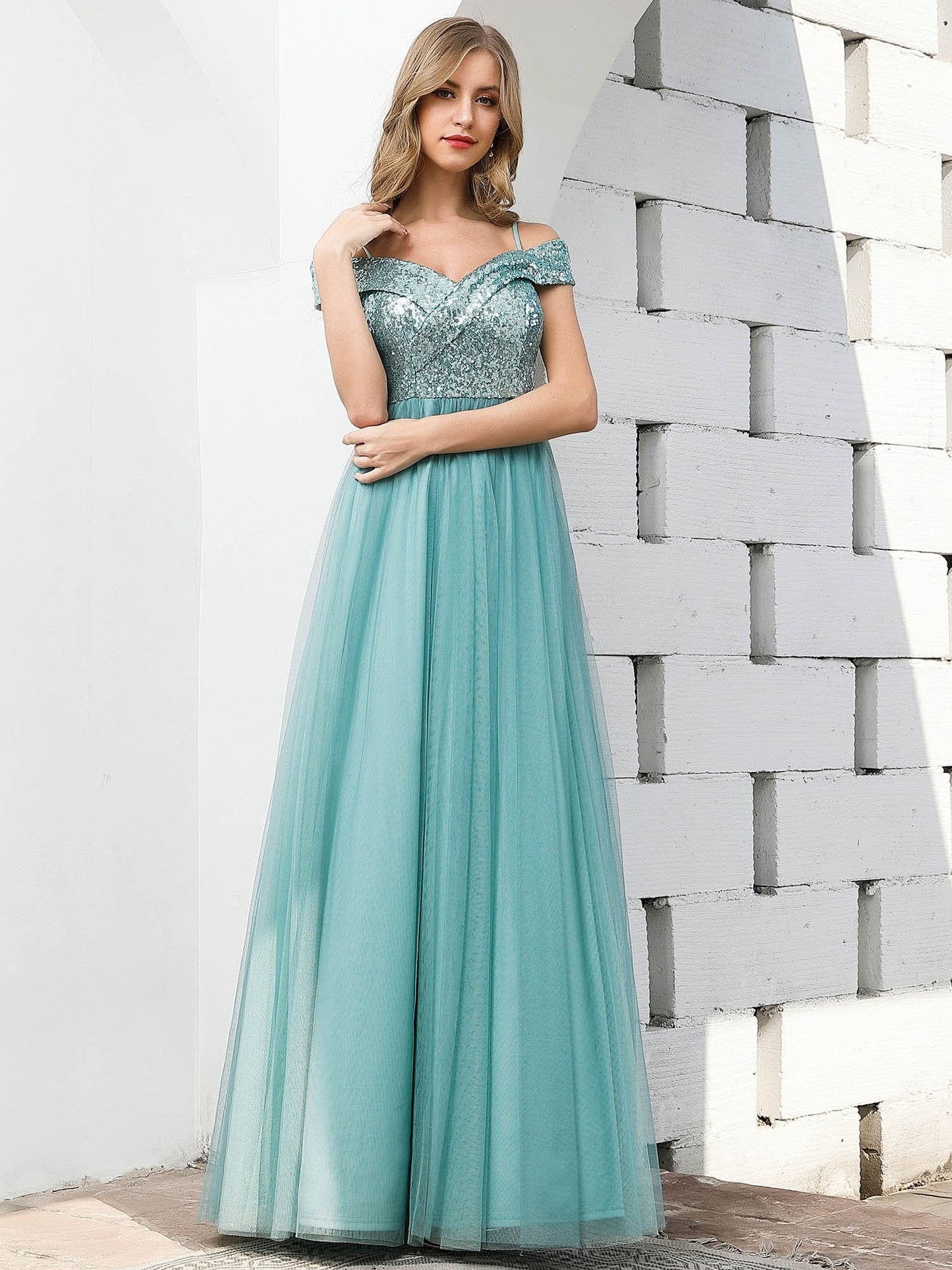 Wholesale Romantic Off Shoulder Tulle and Sequin Bridesmaid Dress